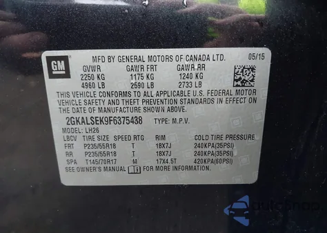 2015 GMC Terrain Slt-1 z USA, uszkodzony, nr VIN 2GKALSEK9F6375438